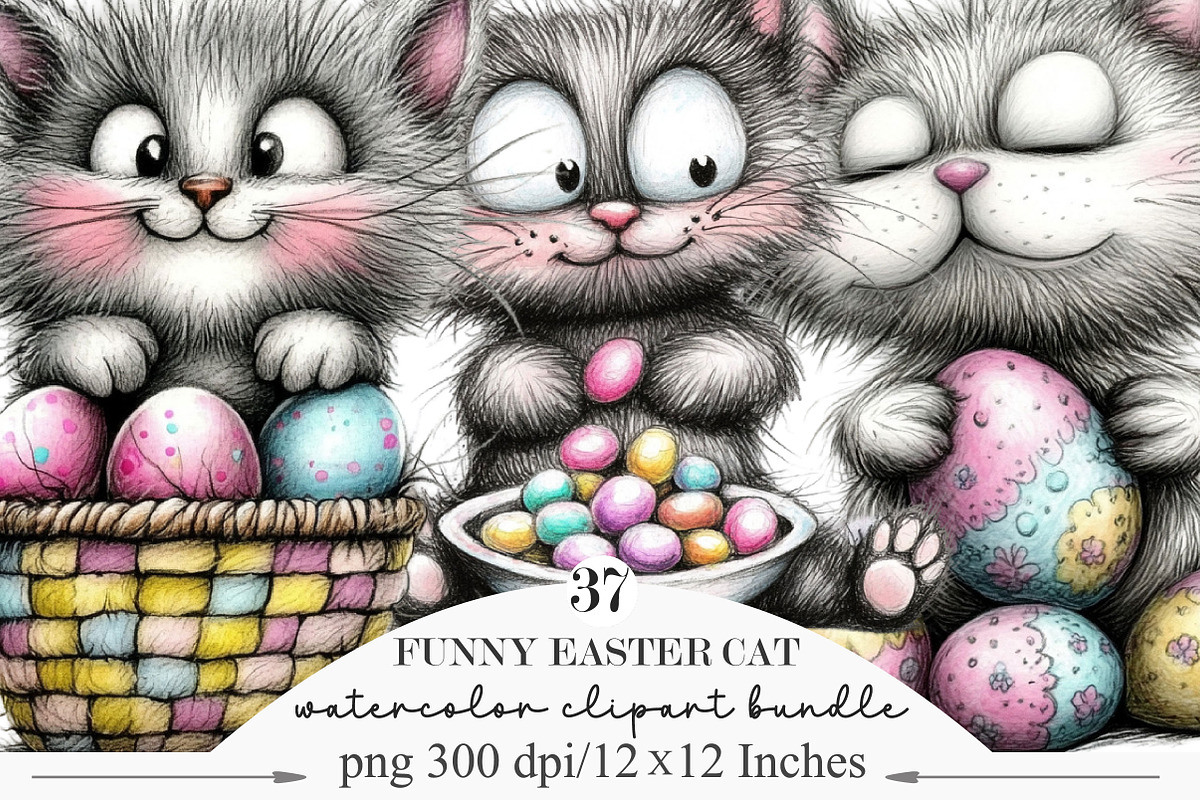 Whimsical Funny Easter Cat Clipart, an Illustration by Designking (Photo 1 of 5)
