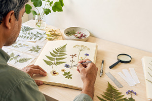 Man arranging dried pressed flowers