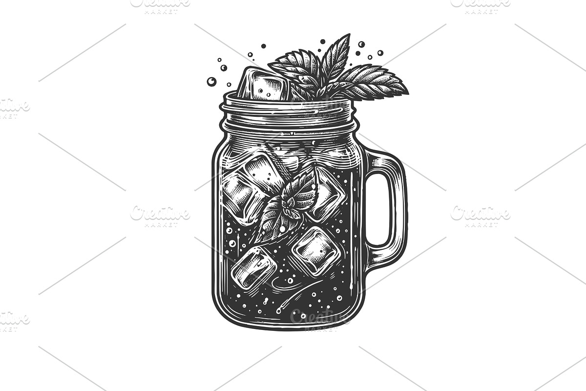 lemonade mason jar with mint sketch, a Food Illustration by AlexArt