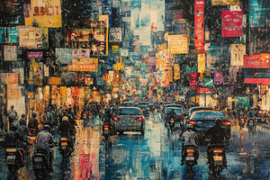 Sunset traffic on crowded street, a Photo by Pavel_design