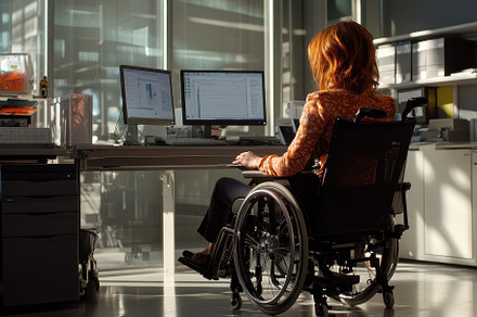 Young woman in a wheelchair working, a Photo by Pavel_design