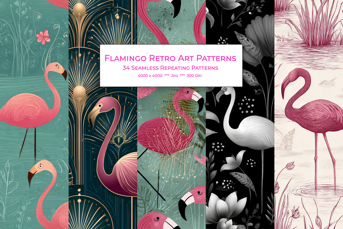 Flamingo Retro Art Style Patterns, a Pattern Graphic by karenfoleyphoto (Photo 1 of 8)