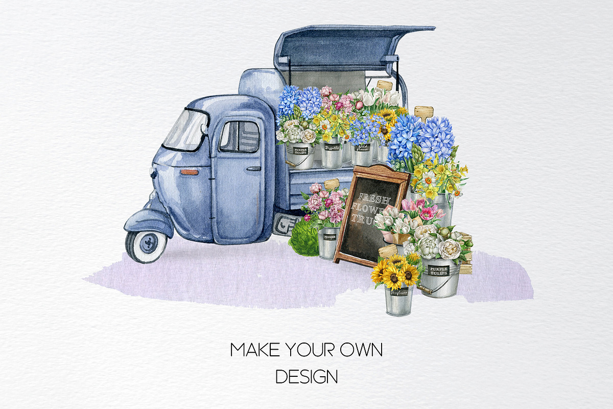 Watercolor flower market truck cart, an Object Illustration by yana.fefelova (Photo 5 of 5)