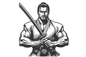Strong Samurai Warrior Holding, a Person Illustration by AlexArt