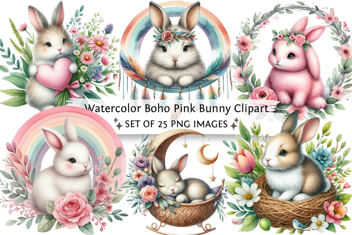 Watercolor Boho Pink Bunny Clipart, an Illustration by DreamPrint404 (Photo 1 of 5)