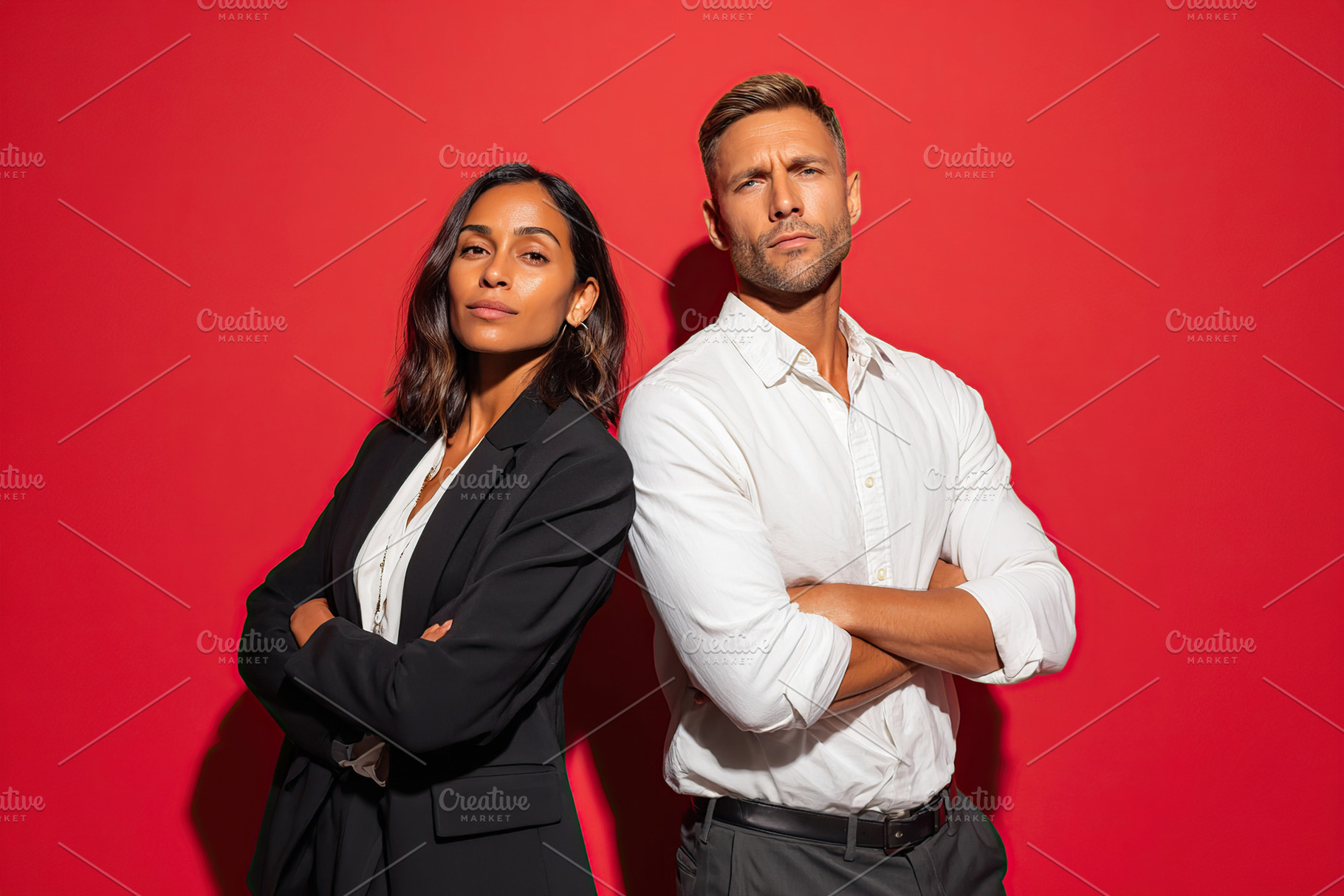 Confident business professionals posing against a vibrant red background, a Photo by AlyaAnd