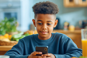 Young boy sits at a table using, a Technology Photo by MistyDay