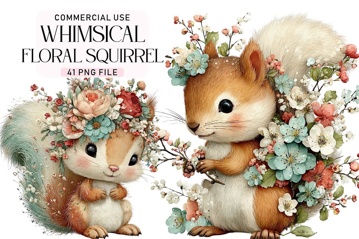 Whimsical Floral Squirrel Clipart, an Illustration by Daily.Designs (Photo 1 of 5)