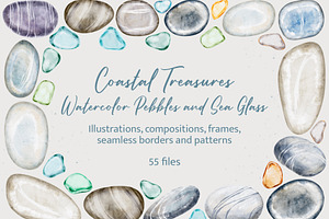Watercolor pebbles and sea glass