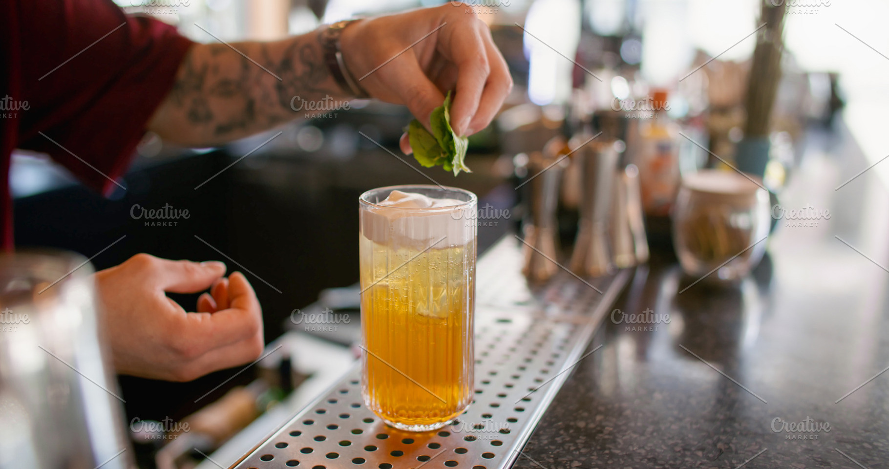 Serving drink barkeeper work mint cocktail cream, a Food & Drink Photo by Photo Drive Studio