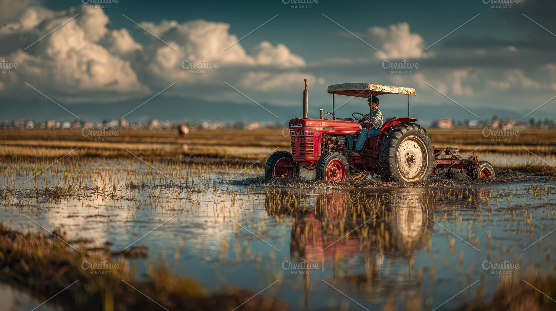 Red Tractor in Flooded Rice Paddy Fi, a Photo by Pixeness Studio