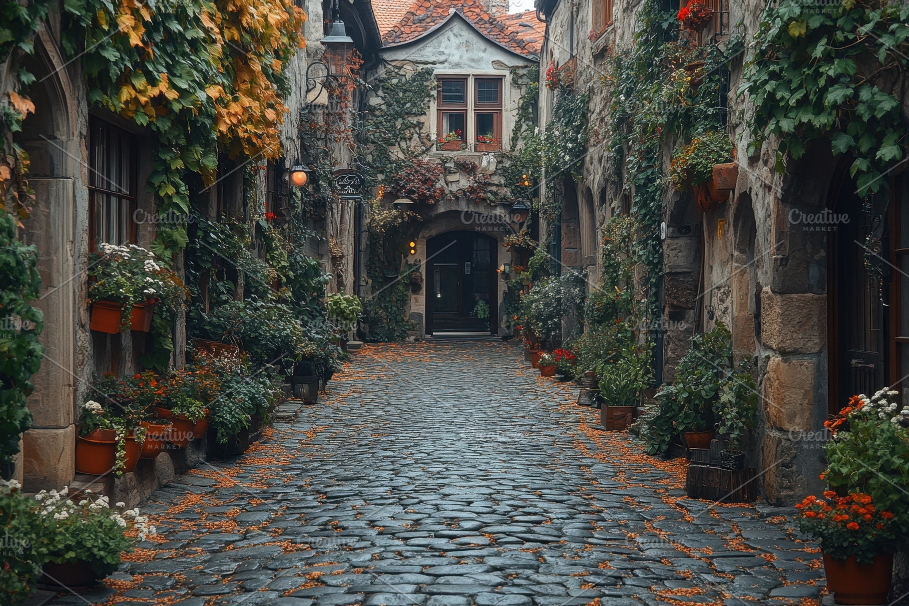 Beautiful cobblestone alleyway adorn, a Photo by Tanuart