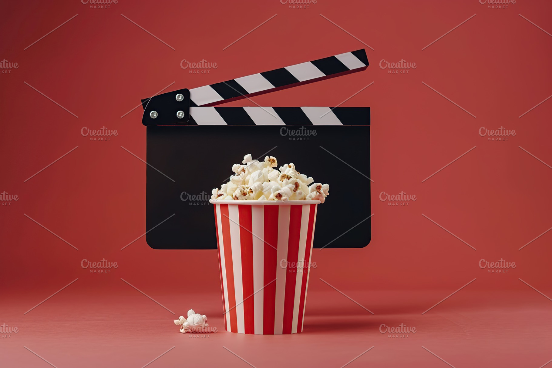 Black clapper board and bucket of popcorn on red background, a Food & Drink Photo by AlyaAnd
