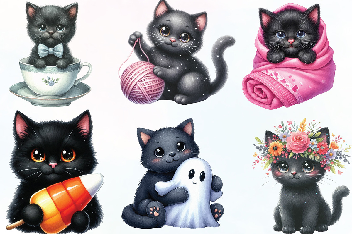 Watercolor Cute Black Cat Clipart, an Illustration by CraftArtStudio (Photo 2 of 6)