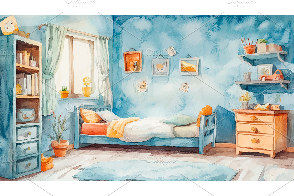 Cozy Kid Room Interior Watercolor, an Object Illustration by LadadikArt