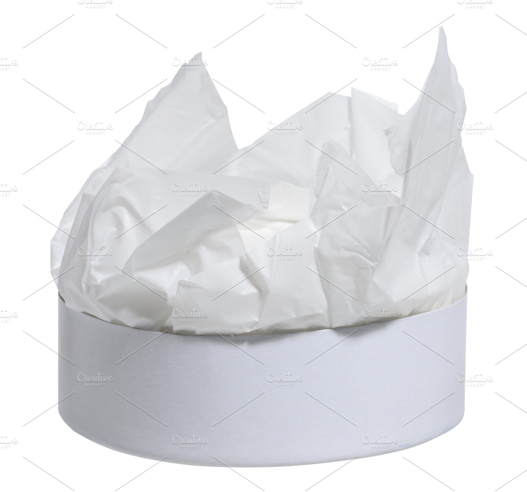 Round white box with wrapping paper inside on isolated backgroun, a Food & Drink Photo by ndanko
