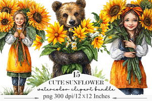 Cute Sunflower Whimsical Clipart, a Seasonal Illustration by Designking
