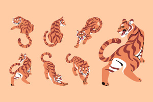 Tigers set + seamless pattern, an Animal Illustration by PaperTrident