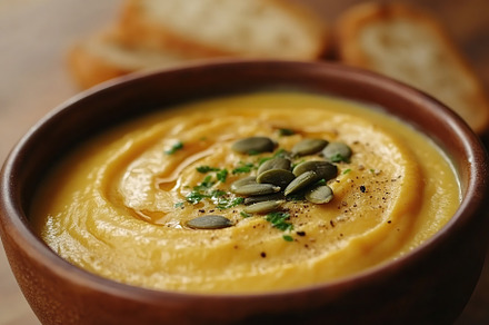 Pumpkin soup with cream and seeds, a Food & Drink Photo by AlyaAnd