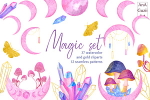Magic crystals, moon and mushrooms.