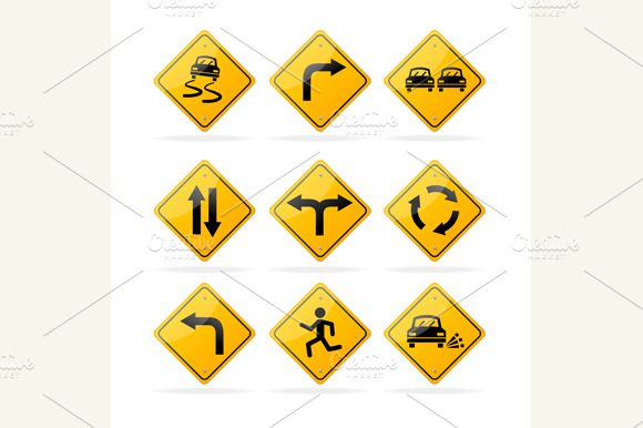 Yellow Road Traffic Signs Set