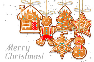 Merry Christmas Greeting Card With Hanging Gingerbread