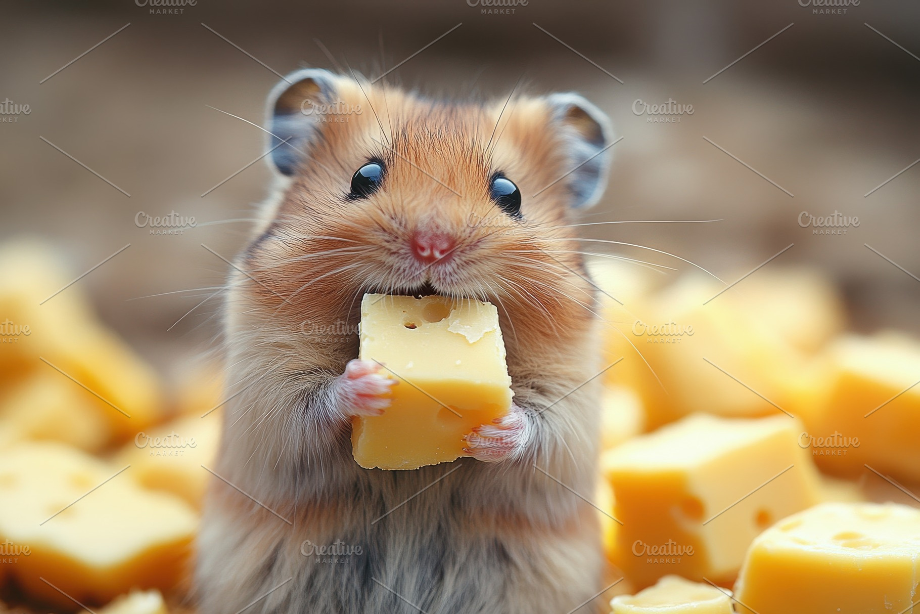 Cute hamster happily munches on chee, a Photo by Tanuart
