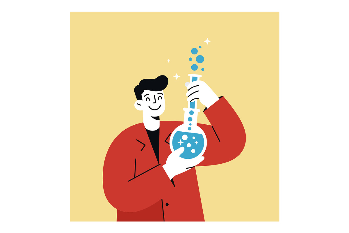Scientist in a red coat joyfully hol, an Illustration by designvectx