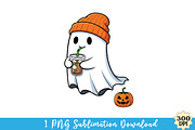 Cute Ghost Drinking Coffee Png, an Illustration by Watercolor design (Thumbnail 1 of 3)