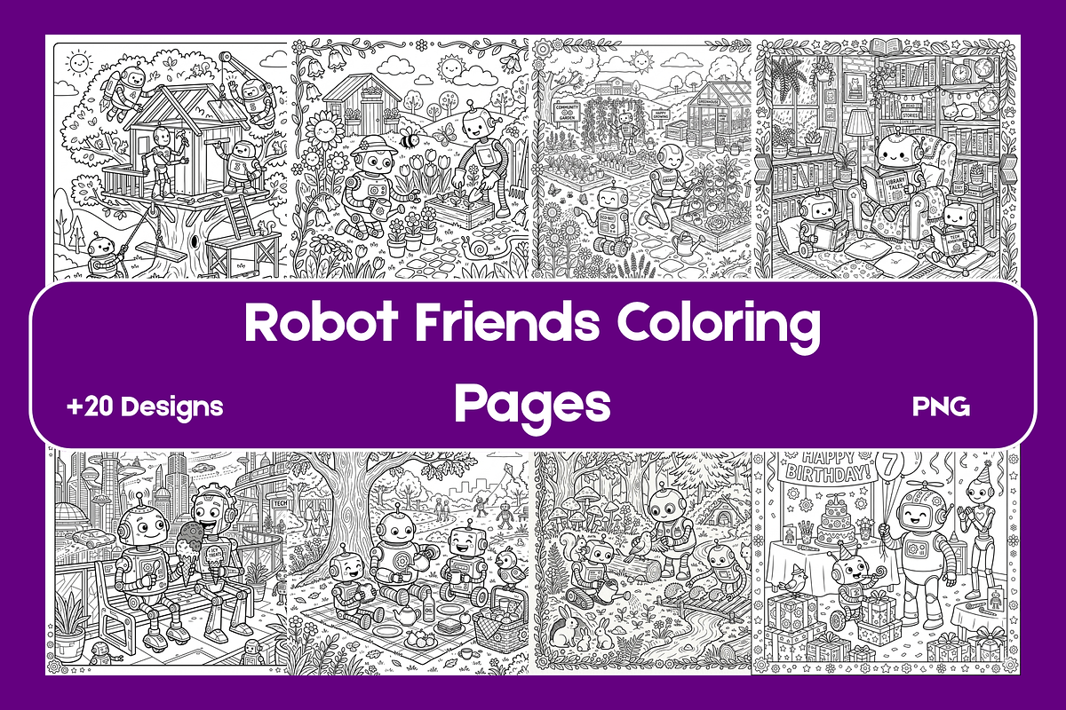 Robot Friends Coloring Pages, a Technology Illustration by BerryPieArt (Photo 1 of 3)