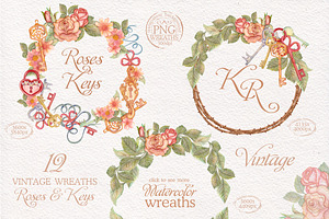 Watercolor Wreaths Set. Roses & Keys