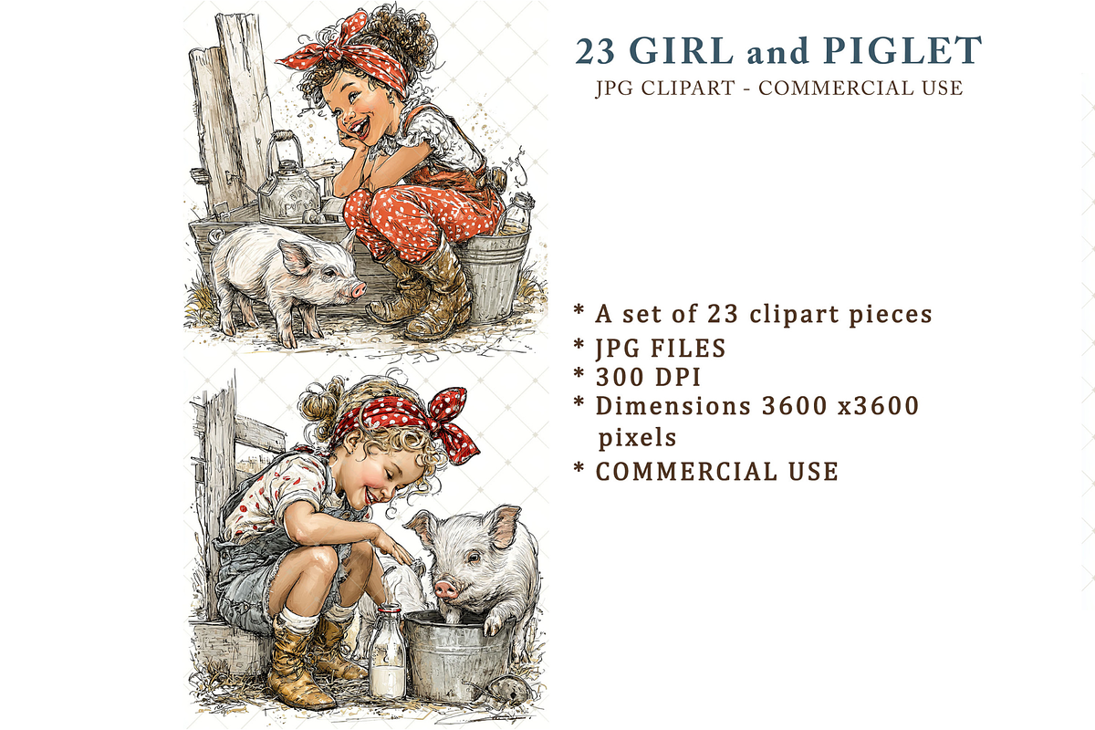 Girl And Piglet Clipart JPG, a Person Illustration by Memories By Lea (Photo 1 of 19)