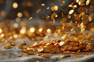 Golden glitter falling on grey fabri, a Photo by Pixeness Studio