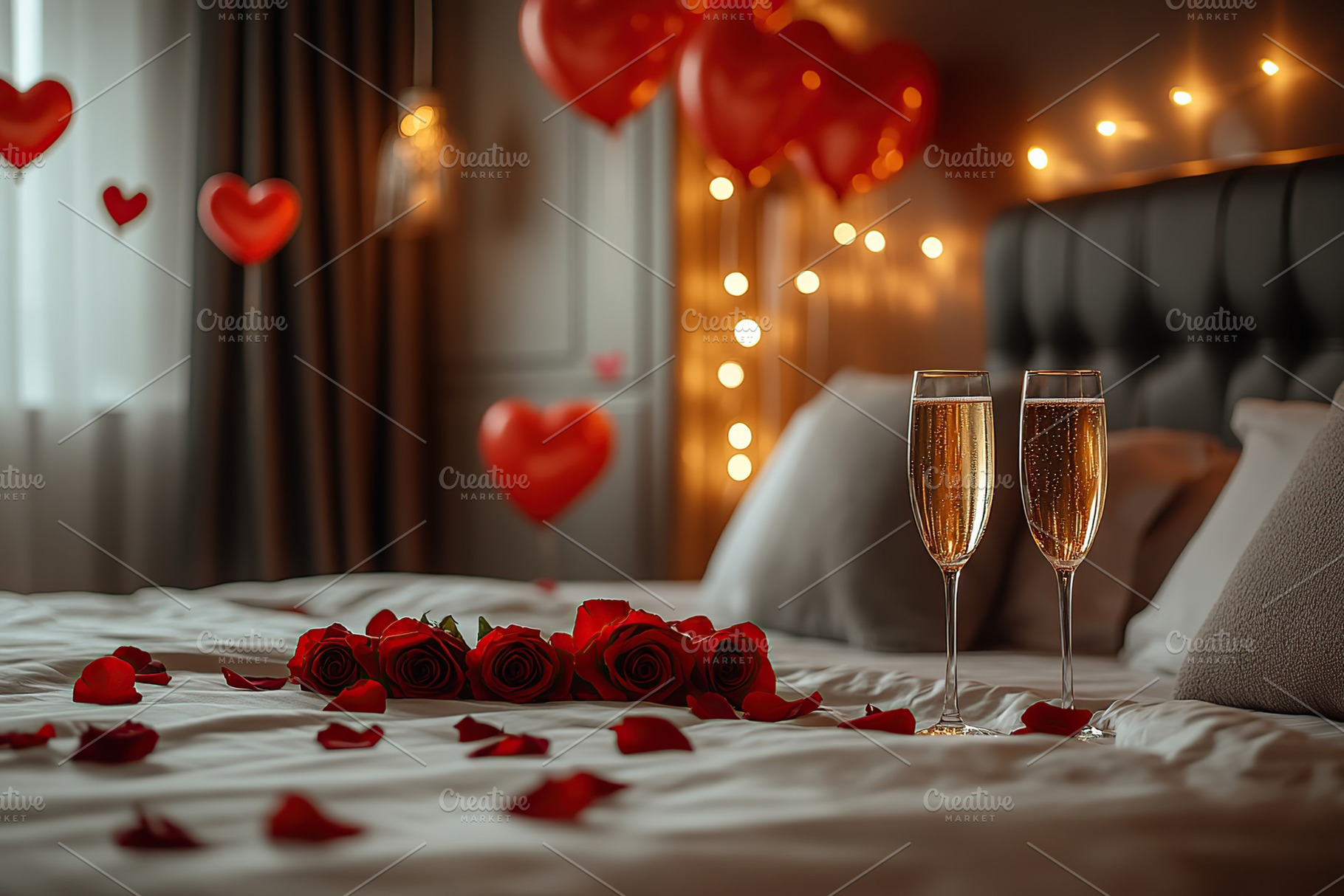 Modern bedroom with decorations for celebrating Valentine's Day, glasses of cha, a Photo by AlyaAnd