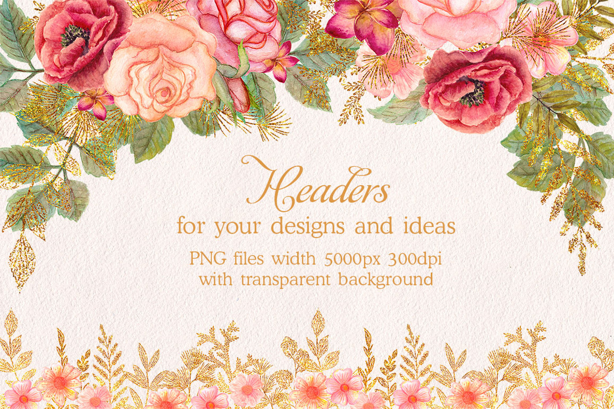 Watercolor glitter floral headers, a Decorative Illustration by antuanetto (Photo 1 of 5)