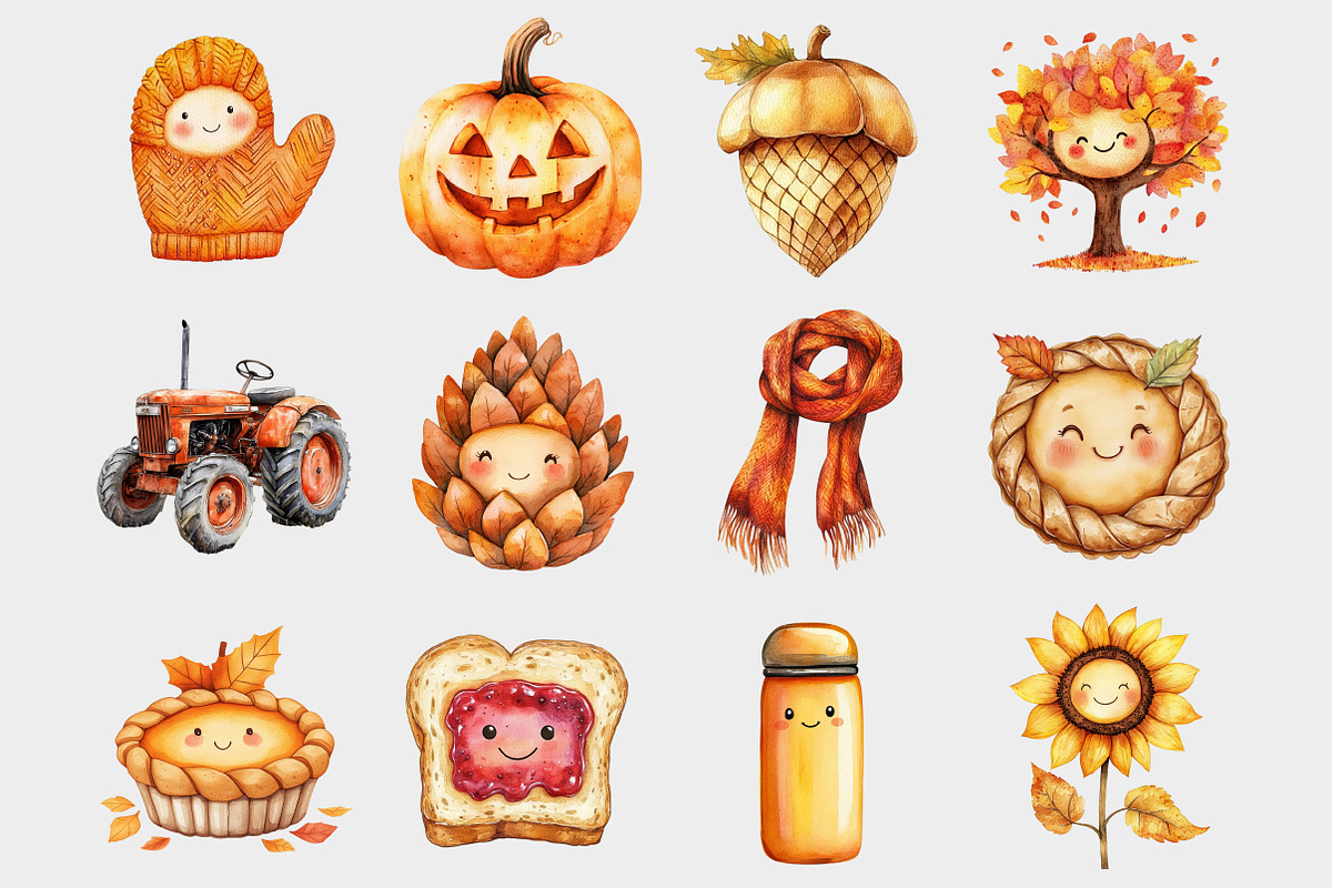 Watercolor Kawaii Autumn Clipart, a Seasonal Illustration by Design Market (Photo 3 of 5)
