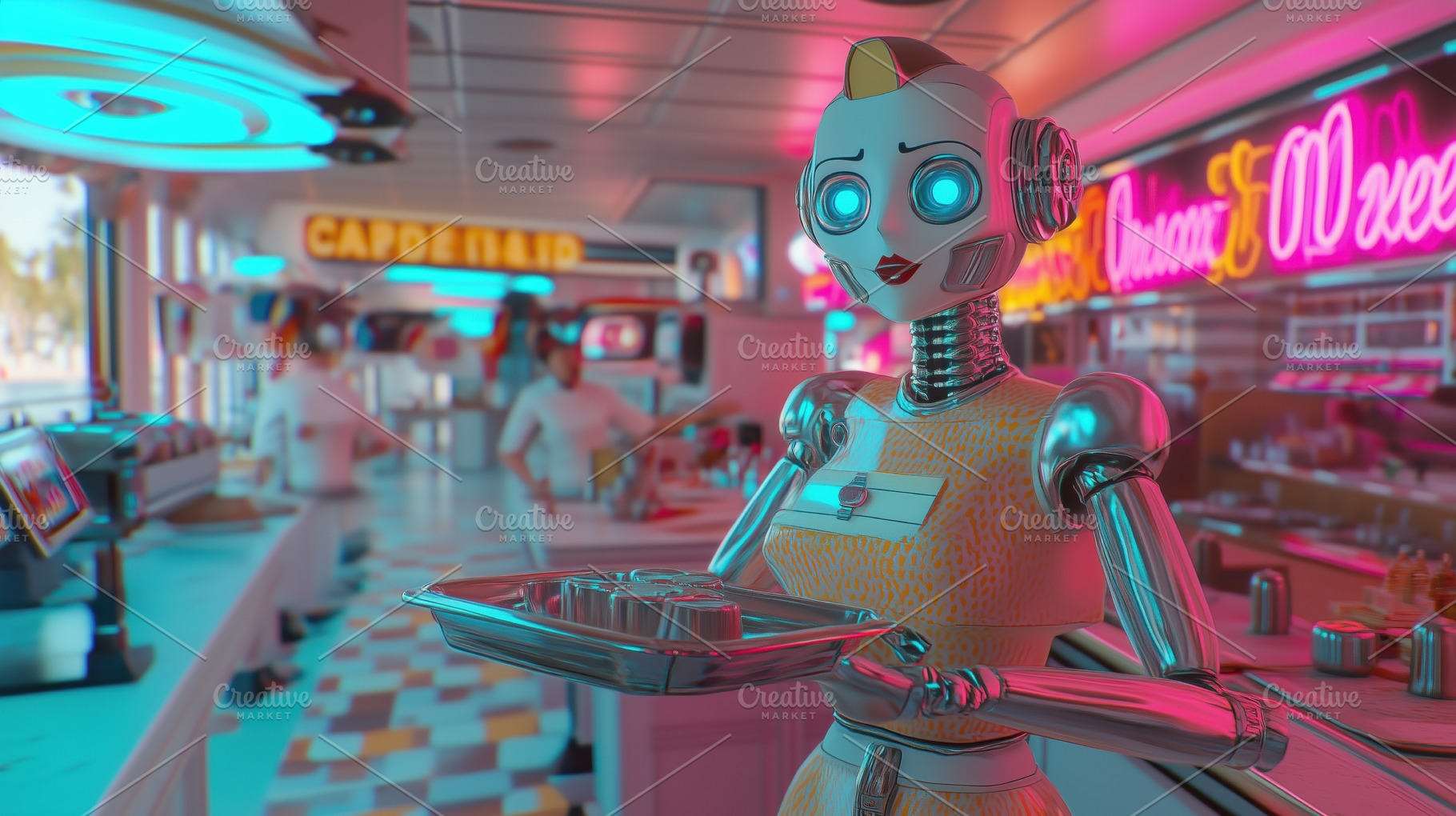 A futuristic robot waitress in a retro diner setting, holding a tray. The diner, an Arts & Entertainment Photo by Textures & Backgrounds