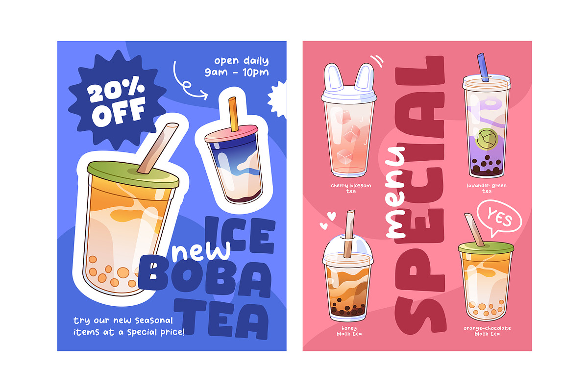 Bubble tea set + ad backgrounds, a Food Illustration by PaperTrident (Photo 7 of 11)