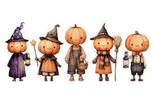 Cute halloween pumpkin characters, an Illustration by Ksania