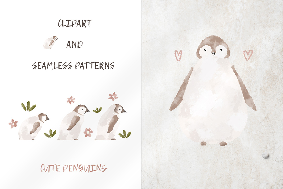 Cute penguins clipart and 3 patterns, an Animal Illustration by Leksart (Photo 1 of 12)
