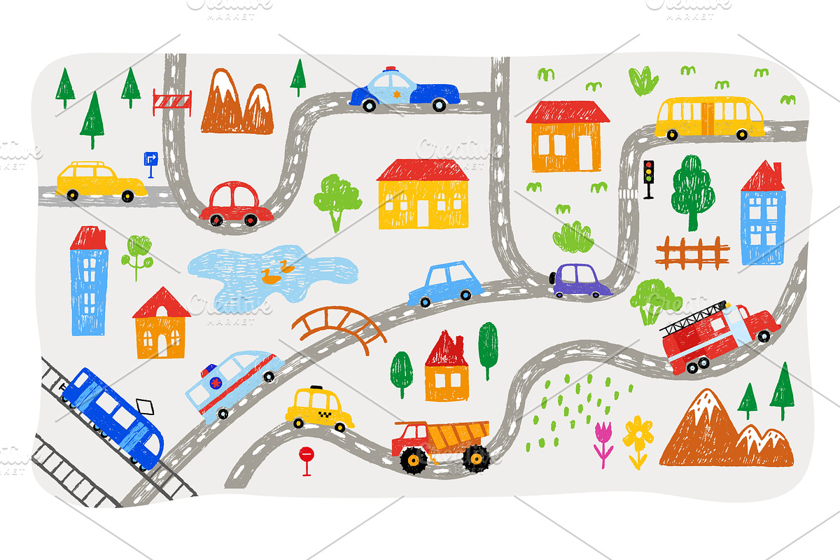 Children map with cars. Hand drawn, a Transportation Illustration by Valerie Bodnar
