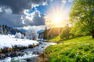 Sunlit Spring Meadow Replacing Winter Snow, a Nature Photo by Davizro's Market