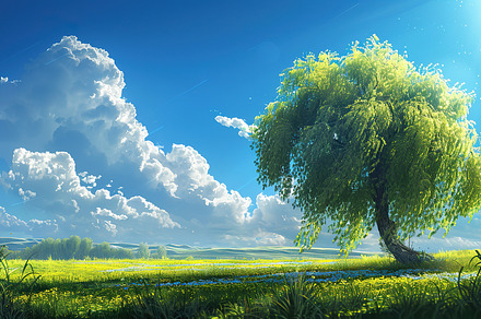 Lush green field under blue skies wi, a Photo by LOGOCREATIVE