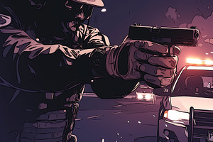 Police officers aiming weapons in a nighttime operation near patrol vehicles, a Photo by AS photostudio