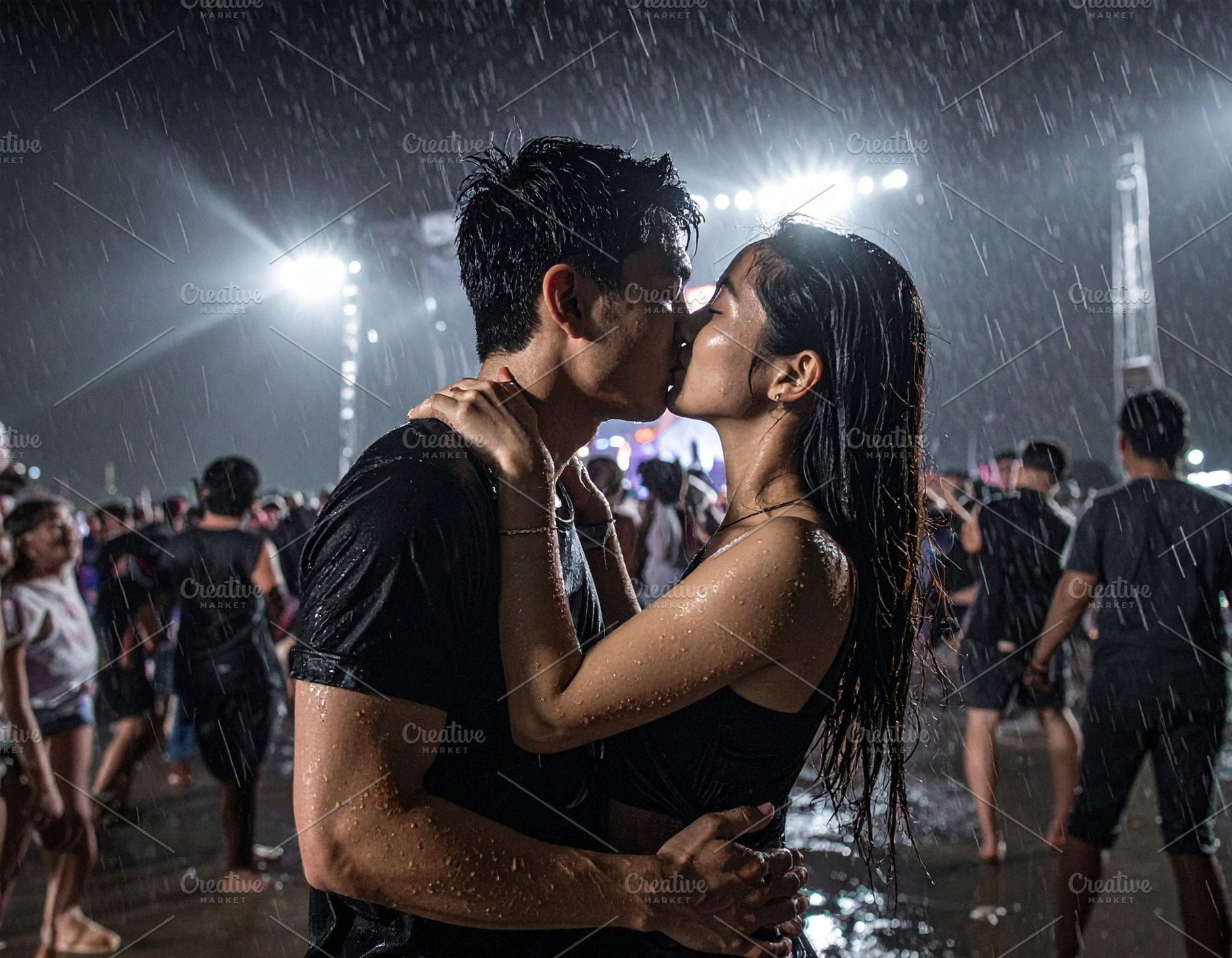 Young couple kisses passionately under torrential rain at an out, a Person Photo by DanFLCreativo