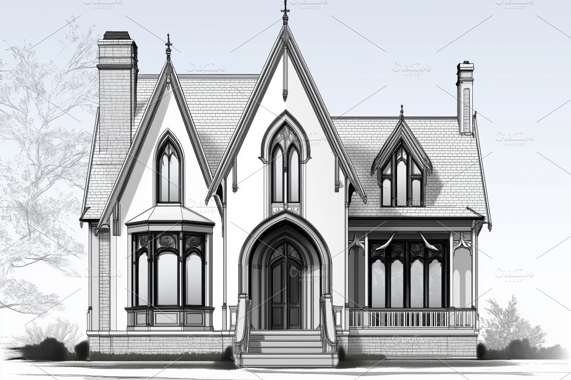 A detailed illustration of a Gothic Revival style house featuring pointed  arche, an Architecture Photo by, image size:1820x1214