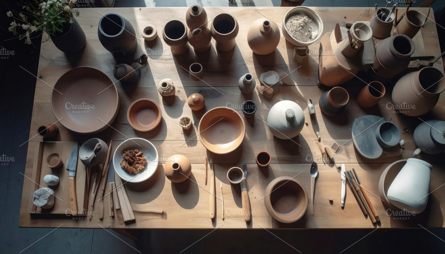 Handmade Pottery Collection on Wooden Table, an Arts & Entertainment Photo by Davizro's Market