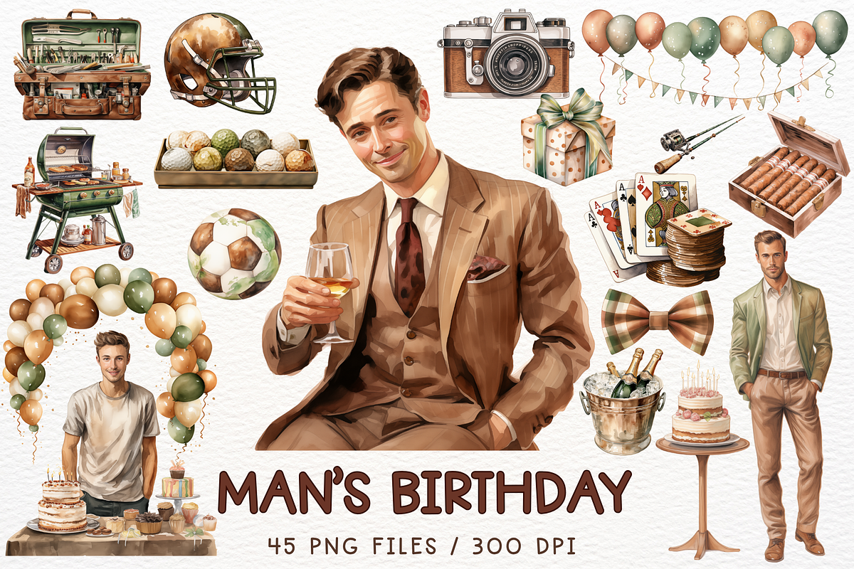 Man's Birthday Watercolor Clipart, a Decorative Illustration by Maysa Art (Photo 1 of 6)