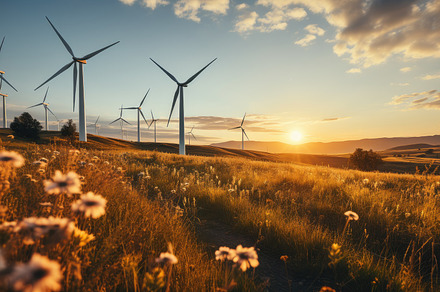 Wind turbines standing tall against a sunset backdrop, symbolizi, an Industrial Photo by designvectx