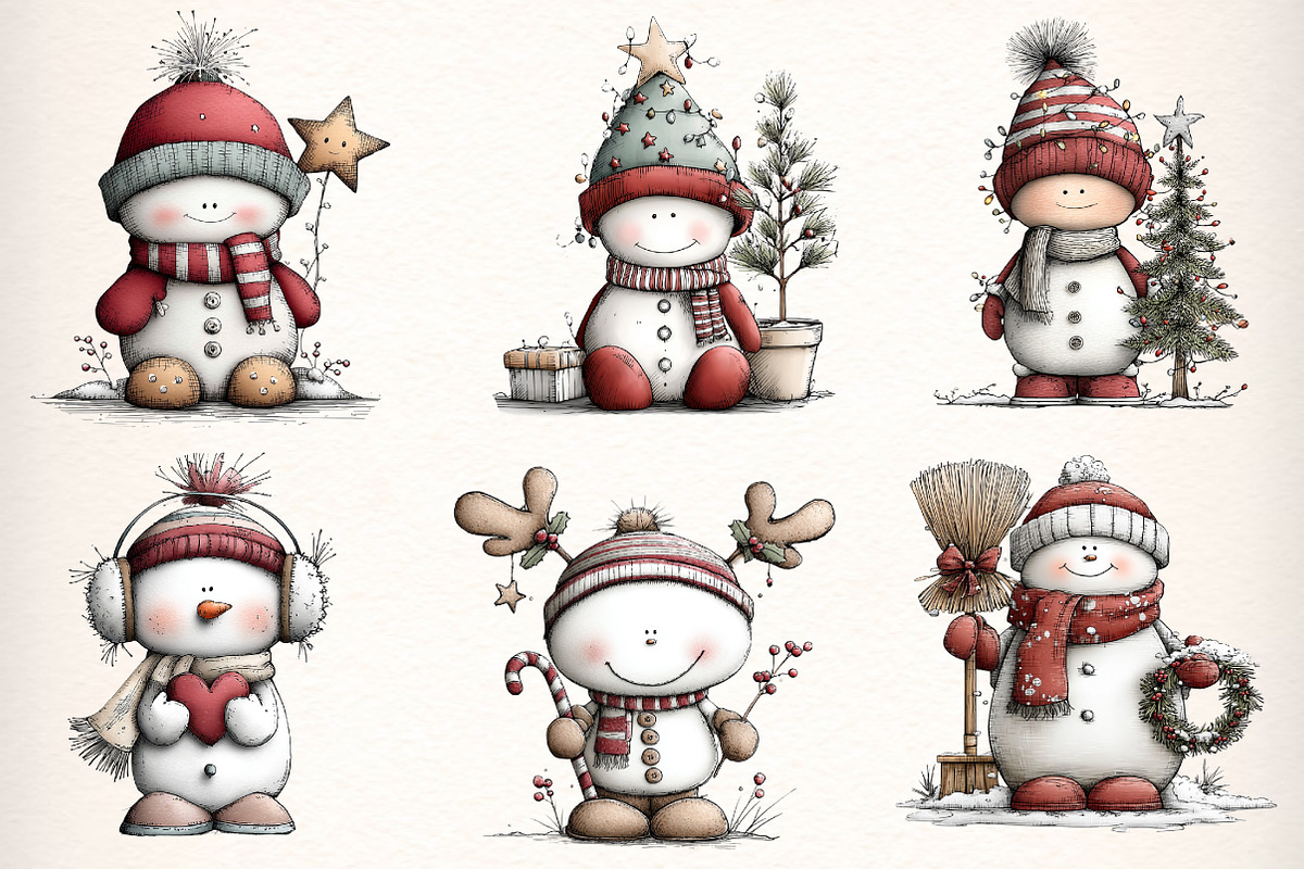 Whimsical Christmas Snowman Clipart, an Illustration by Dream Creation (Photo 3 of 7)